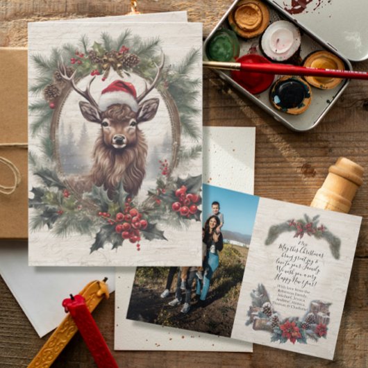 素朴クリスマス鹿〔雄ジカの〕枝角リース家族の写真 サンキューカード