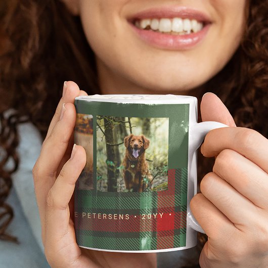 素朴クリスマス4枚の写真は赤い緑の格子模様 コーヒーマグカップ