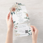 素朴クリスマス・パイン&ベリー・ホワイトQRコード オールインワン招待状 (貼ってはがせる)