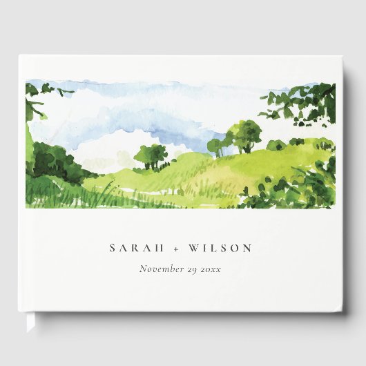 素朴グリーンウォーター色の国の側ヒルズ結婚 ゲストブック (正面)