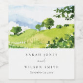 素朴グリーンウォーター色の国の側ヒルズ結婚 ワインラベル (シングルラベル)