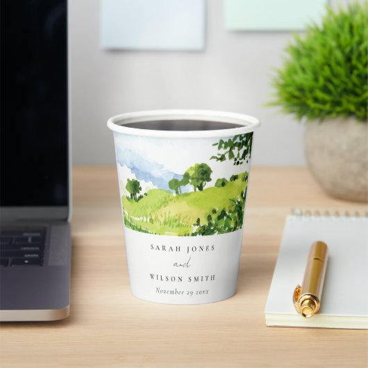 素朴グリーンウォーター色の国の側ヒルズ結婚 紙コップ (インサイチュ)