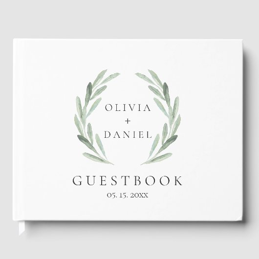 素朴グリーンウォーター色リースシンプルの結婚 ゲストブック (正面)