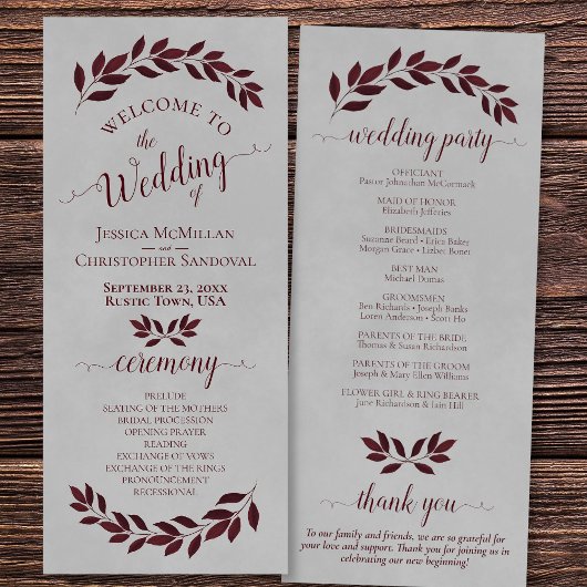 素朴グレイ葉のバルグンディ結婚ウォーター プログラム