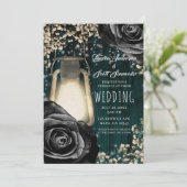 素朴グローランタンブラックバラ&ティール(緑がかった色)結婚ズ 招待状 (スタンド正面)
