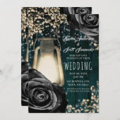 素朴グローランタンブラックバラ&ティール(緑がかった色)結婚ズ 招待状 (正面/裏面)