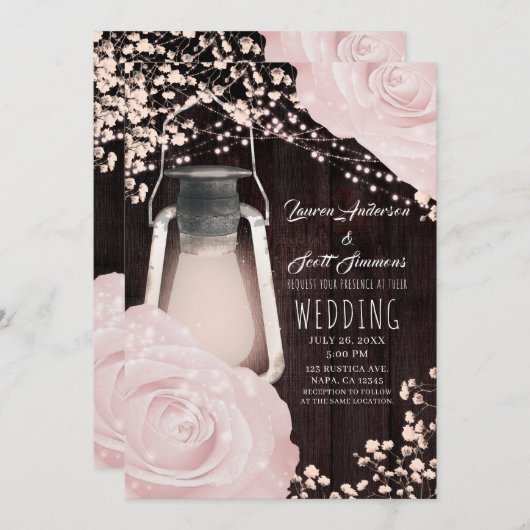 素朴グローランタンベビーピンクローズ結婚ズ 招待状 (正面/裏面)