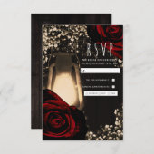 素朴グローランタン&ダークレッドローゼウェディングRSVP 出欠カード (正面/裏面)