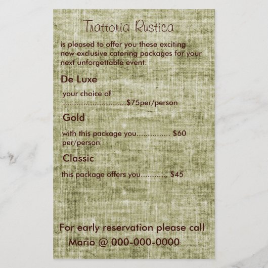 素朴ケータリングサービスのプロモーションカード チラシ (裏面)