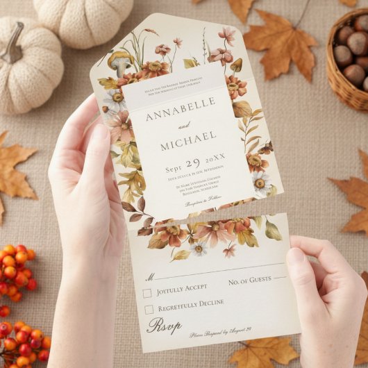 素朴コテージコア秋ワイルドフラワークリーム オールインワン招待状