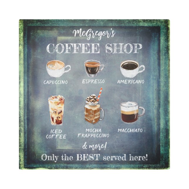 素朴コーヒーショップサインファミリーまたはビジネスグリーン メタルプリント (正面)