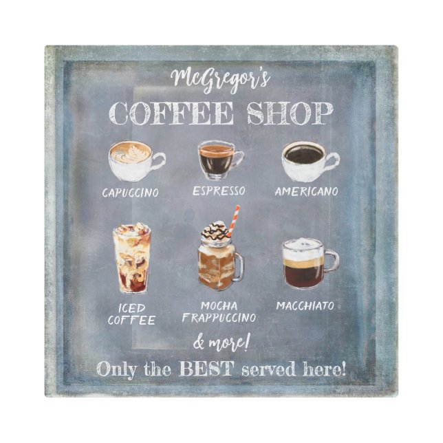 素朴コーヒーショップサインファミリーまたはビジネスブルー メタルプリント (正面)