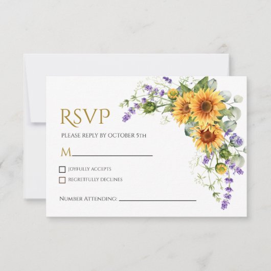 素朴サンフラワーとラベンダーRSVPの結婚カード 出欠カード (正面)