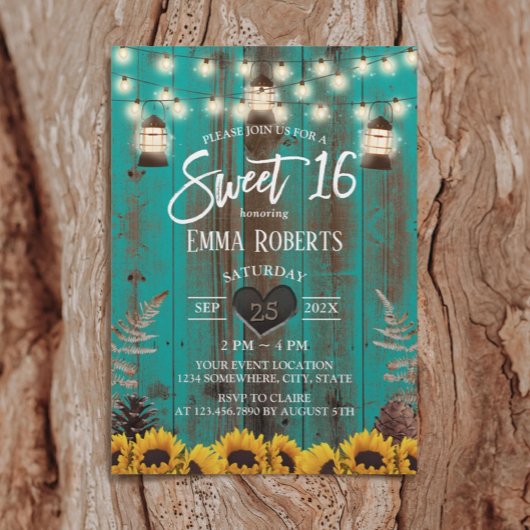 素朴サンフラワーズ&ランタンティール（緑がかった色）バーンスウィート16 招待状