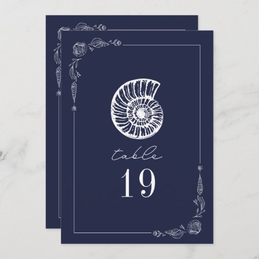 素朴シースネイル結婚ダークブルーのテーブル番号 招待状 (正面/裏面)
