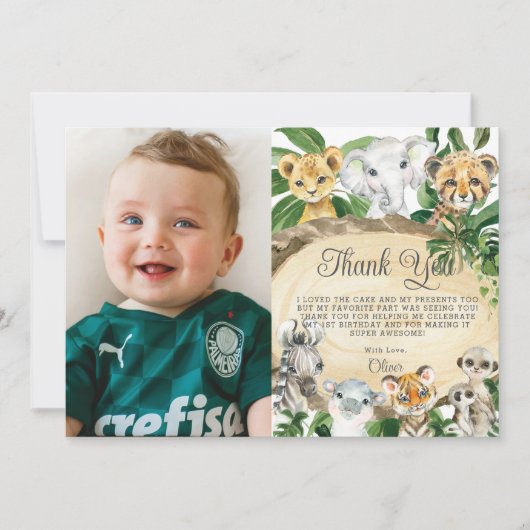 素朴ジャングル動物の木の緑誕生日写真 サンキューカード (正面)
