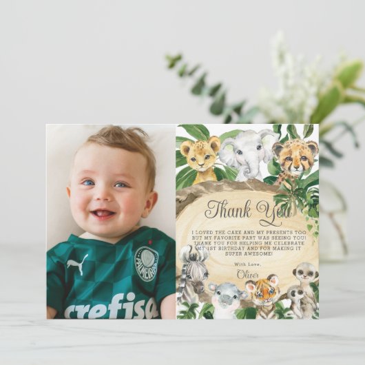 素朴ジャングル動物の木の緑誕生日写真 サンキューカード (スタンド正面)