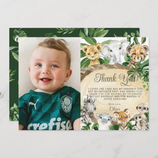 素朴ジャングル動物の木の緑誕生日写真 サンキューカード (正面/裏面)