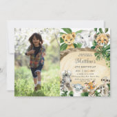 素朴ジャングル動物の木の緑誕生日写真 招待状 (正面)