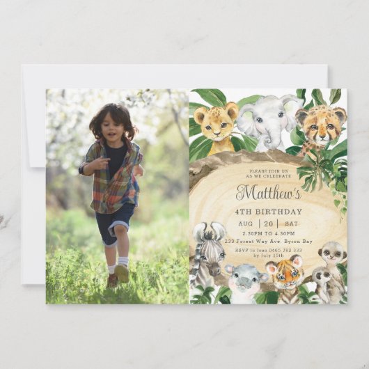 素朴ジャングル動物の木の緑誕生日写真 招待状 (正面)