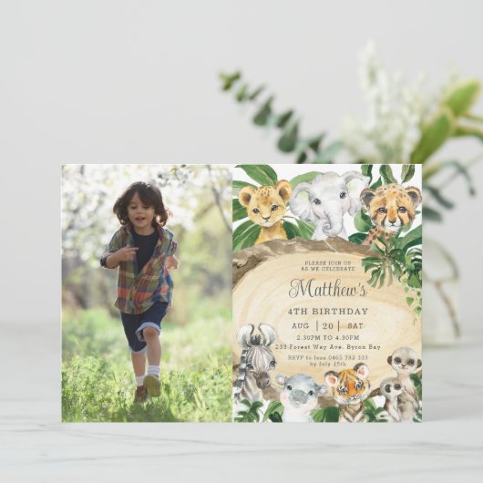 素朴ジャングル動物の木の緑誕生日写真 招待状 (スタンド正面)