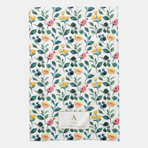 素朴スタイリッシュ黄色水彩花モノグラム キッチンタオル