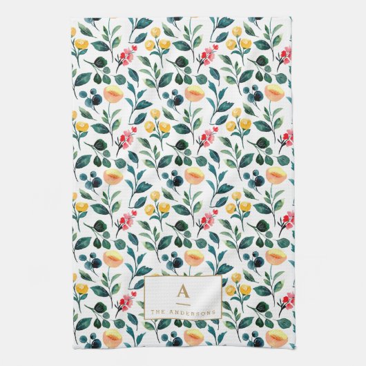 素朴スタイリッシュ黄色水彩花モノグラム キッチンタオル (縦)