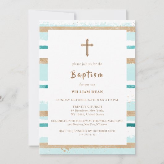 素朴ストライプ金ゴールドモダンクロス少年バプテスマ 招待状 (正面)