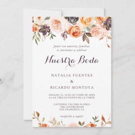 素朴スペインのエレガント秋結婚フローラ 招待状 (正面)