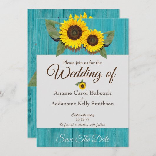 素朴ス結婚のヒマワリティール（緑がかった色）グレーウッドシック救 セーブザデート (正面/裏面)