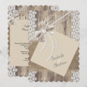素朴ス結婚ベージュパールレースウッドバーラップ4 招待状 (正面/裏面)
