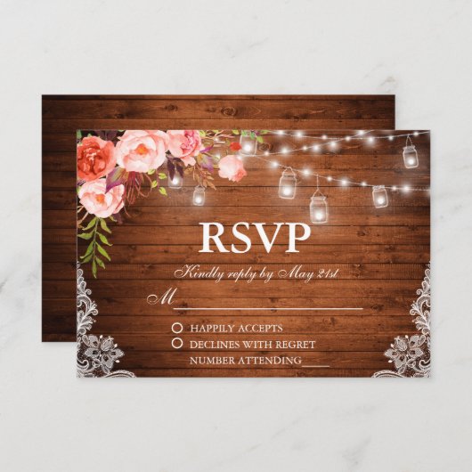 素朴ズ結婚ウッドコーラルフローラライトジャースRSVP 出欠カード (正面/裏面)