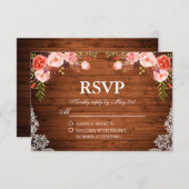素朴ズ結婚ウッドコーラルフローラレースRSVP 出欠カード (正面/裏面)