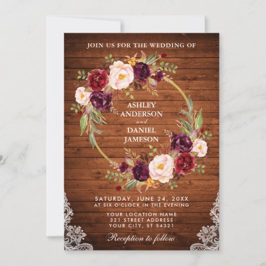 素朴ズ結婚ウッドフローラリースレース招待状 招待状 (正面)