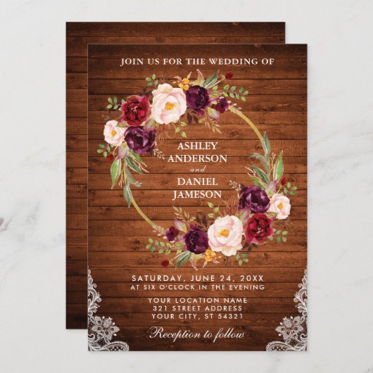 素朴ズ結婚ウッドフローラリースレース招待状 招待状 (正面/裏面)