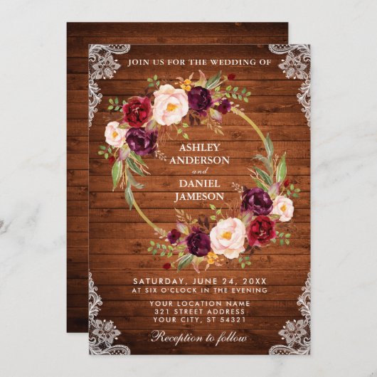 素朴ズ結婚ウッドフローラリースレース招待状Br 招待状 (正面/裏面)