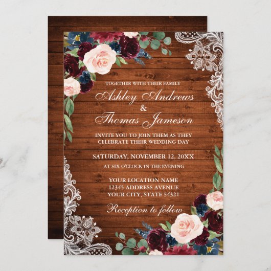 素朴ズ結婚ウッドブルガンディーブルーフローラ招待状 招待状 (正面/裏面)