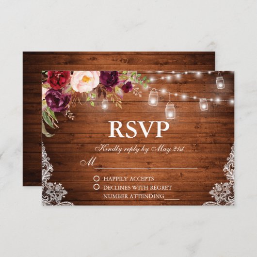 素朴ズ結婚ウッドライトジャースレースフローラRSVP 出欠カード (正面/裏面)