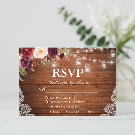 素朴ズ結婚ウッドライトレースジャースフローラRSVP M 出欠カード (スタンド正面)