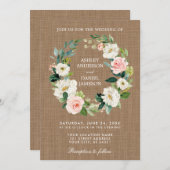 素朴ズ結婚バーラップピンクホワイトフローラリース 招待状 (正面/裏面)