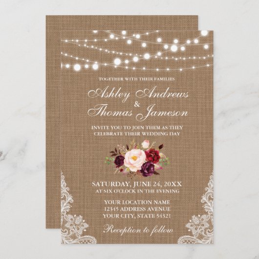 素朴ズ結婚バーラップレースライトフローラ招待状B 招待状 (正面/裏面)