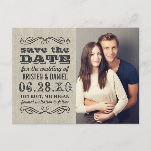 素朴タイポグラフィ結婚の写真の日付の保存 案内ポストカード (正面)