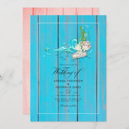 素朴ターコイズとサンゴビーチ結婚式写真 招待状 (正面/裏面)