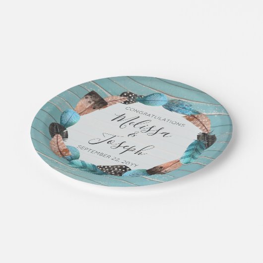 素朴ターコイズウッドフェザーリースボホ結婚ズ ペーパープレート (アングル)