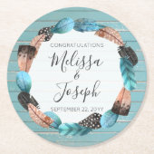 素朴ターコイズウッドフェザーリースボホ結婚ズ ラウンドペーパーコースター (正面)