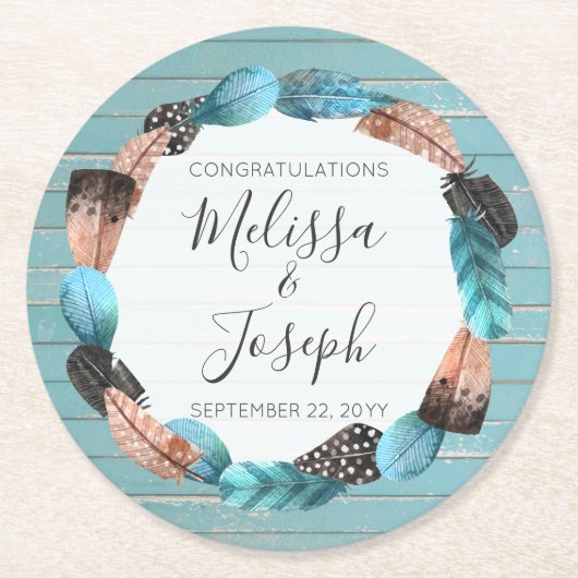 素朴ターコイズウッドフェザーリースボホ結婚ズ ラウンドペーパーコースター (正面)
