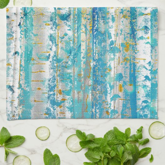素朴ターコイズグレーと金ゴールド樺の木の木 キッチンタオル (折り畳み)