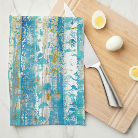 素朴ターコイズグレーと金ゴールド樺の木の木 キッチンタオル (四つ折り)
