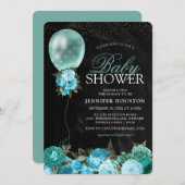素朴ターコイズバルーン&フローラベビーシャワー 招待状 (正面/裏面)