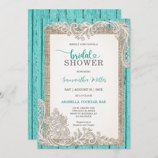 素朴ターコイズブライダルシャワー招待状 招待状 (正面/裏面)